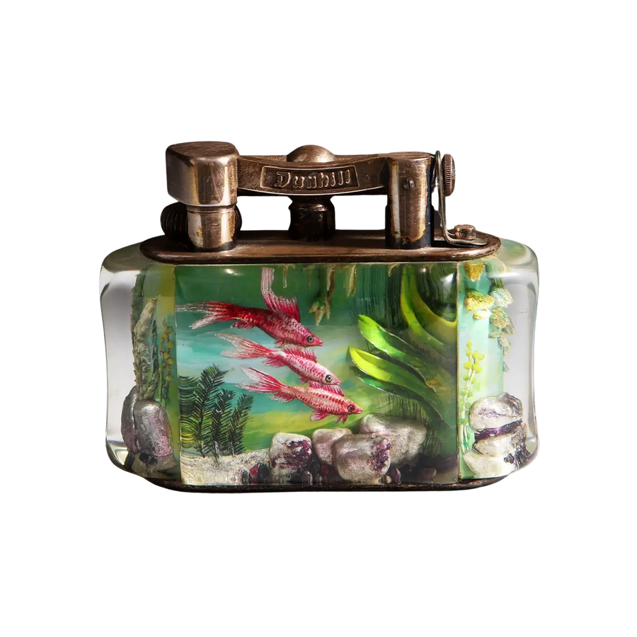 Vintage Dunhill Aquarium Table Lighter with marine design and brass detail by Collection JA10 in excellent condition