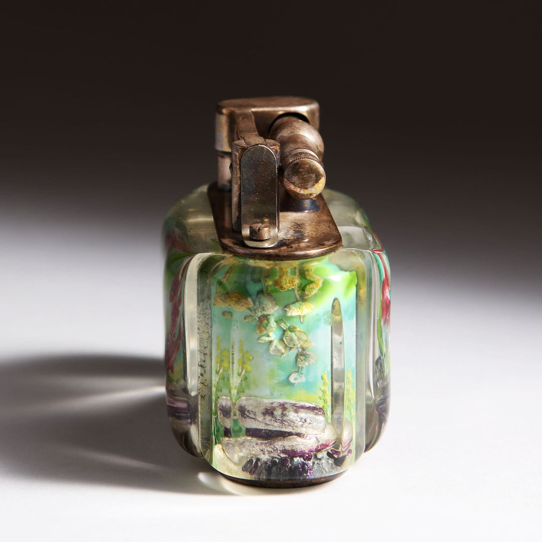 Vintage Dunhill Aquarium Table Lighter with hand-painted Lucite panels, brass top, Collection JA10 elegant design.