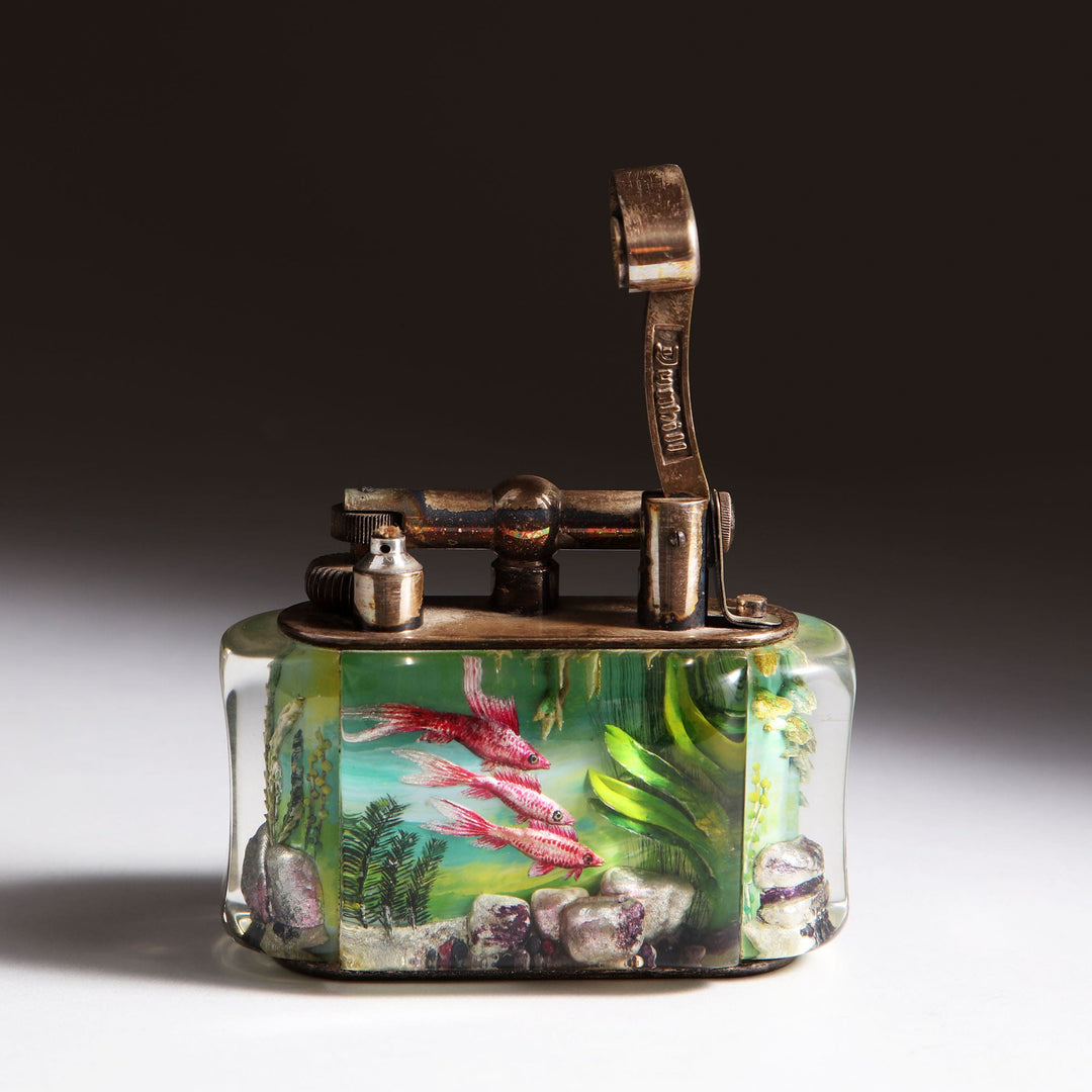 Dunhill Aquarium Table Lighter with reverse intaglio Lucite panels by Collection JA10, showcasing marine life design.