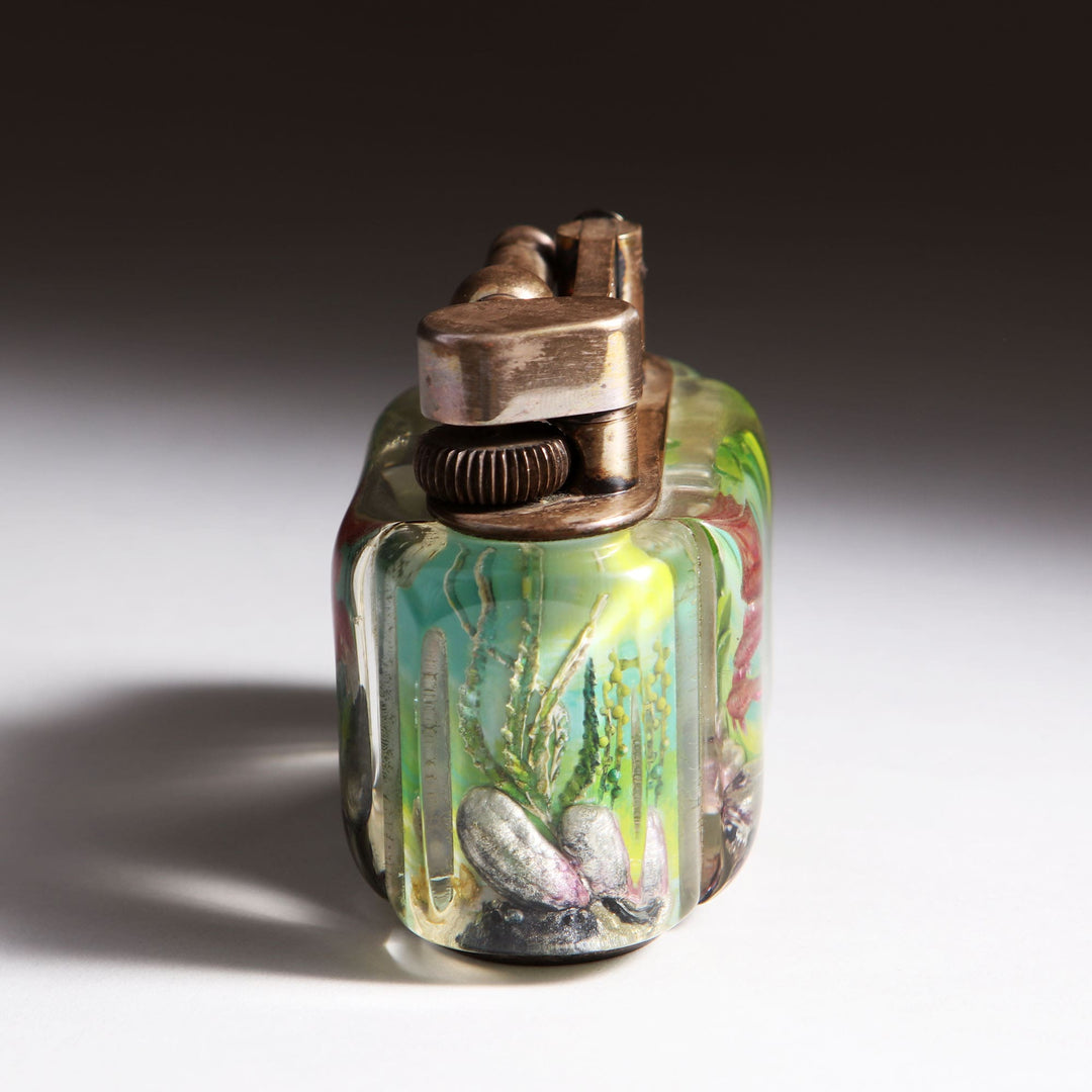 Vintage Dunhill Aquarium Table Lighter with marine intaglio design by Collection JA10, elegant Mid-Century British collectible.