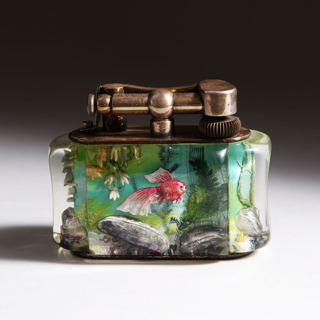 Dunhill Aquarium Table Lighter with reverse intaglio fish design, brass accents, vintage style from Collection JA10