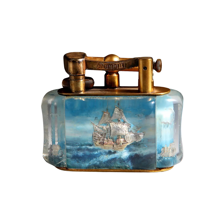 Dunhill Aquarium Ship Lighter with HMS Royal William design, vintage 1955, gold-plated and hand-painted by Collection JA10