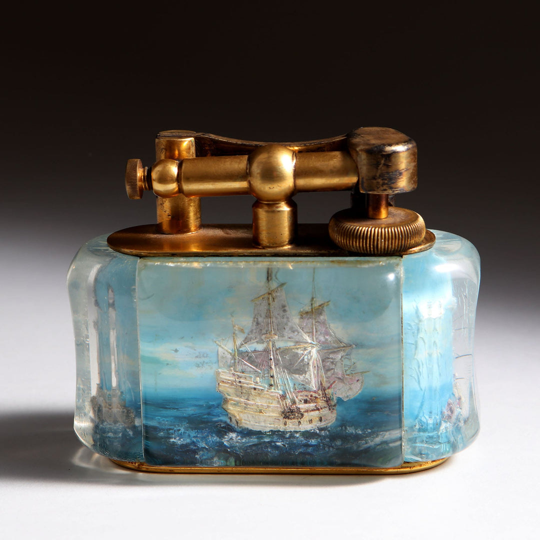 Mid-century Dunhill Aquarium Ship Lighter with HMS Royal William design in lucite, gold-plated metal, Collection JA10