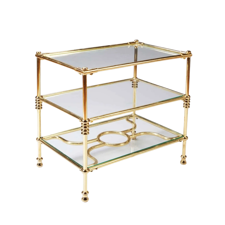 A Three Tiered Brass Art Deco Etagere with glass shelves and decorative ring column supports circa 1930.