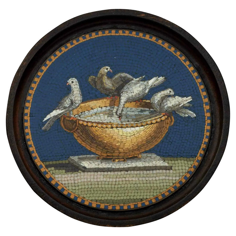 Giacomo Raffaelli Doves of Pliny micromosaic panel depicting doves around a gold basin on blue background.