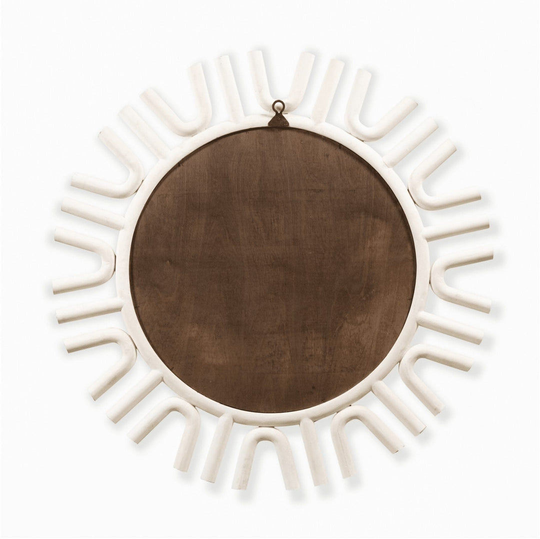 A large white-painted mirror, designed by Andrew Allfree, with a unique rounded frame and diameter of 160 cm.