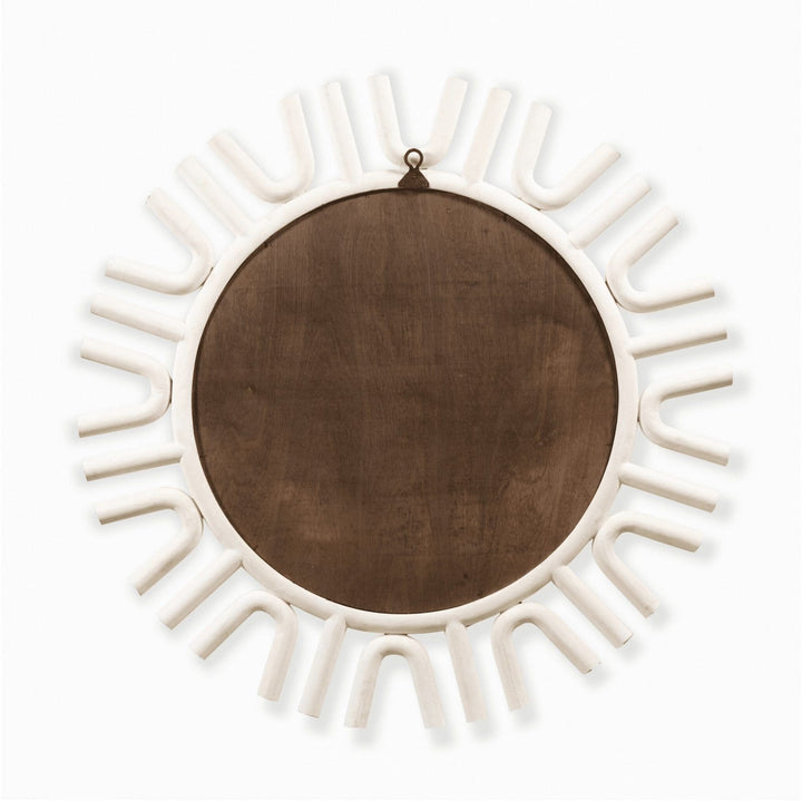 A large white-painted mirror, designed by Andrew Allfree, with a unique rounded frame and diameter of 160 cm.