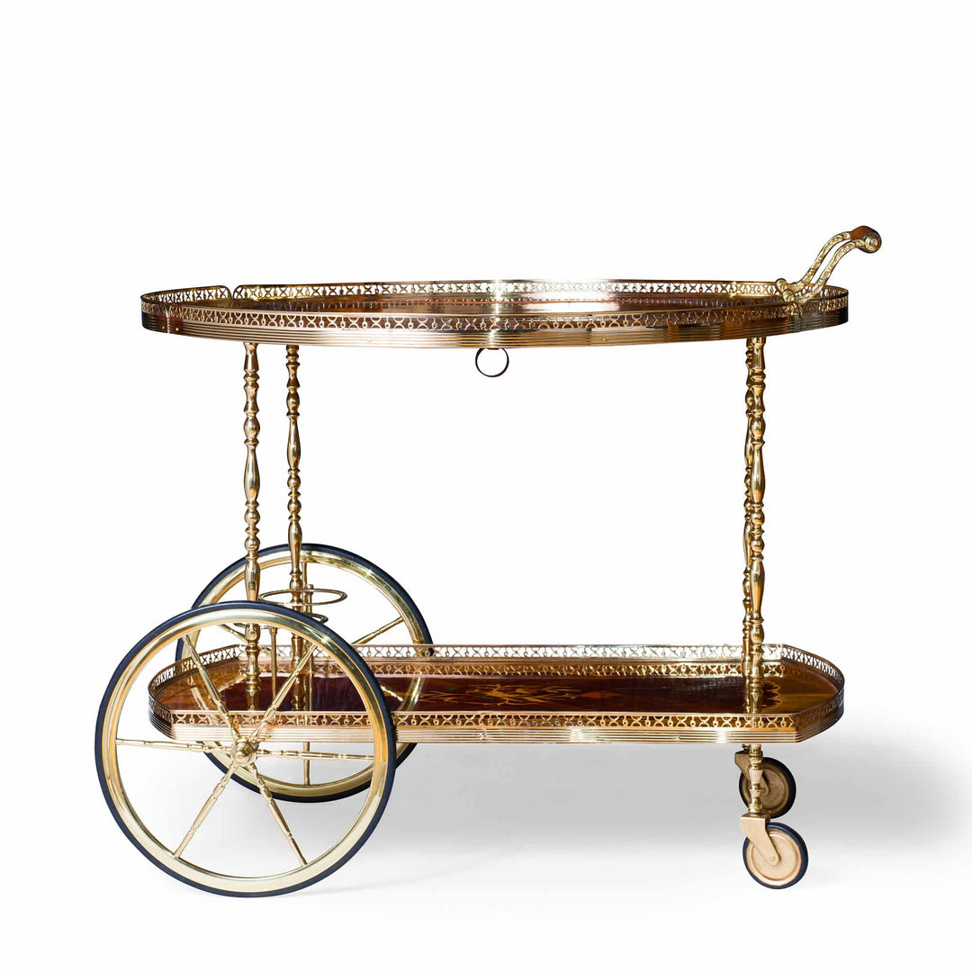 Mid Century Marquetry and Polished Brass Bar Cart Drinks Trolley