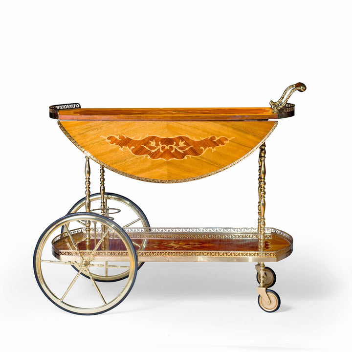 Mid Century Marquetry and Polished Brass Bar Cart Drinks Trolley