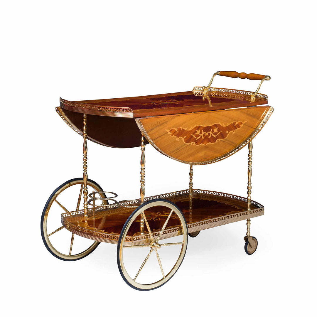Mid Century Marquetry and Polished Brass Bar Cart Drinks Trolley