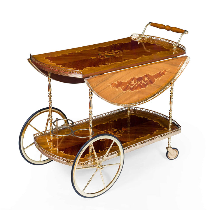 Mid Century Marquetry and Polished Brass Bar Cart Drinks Trolley
