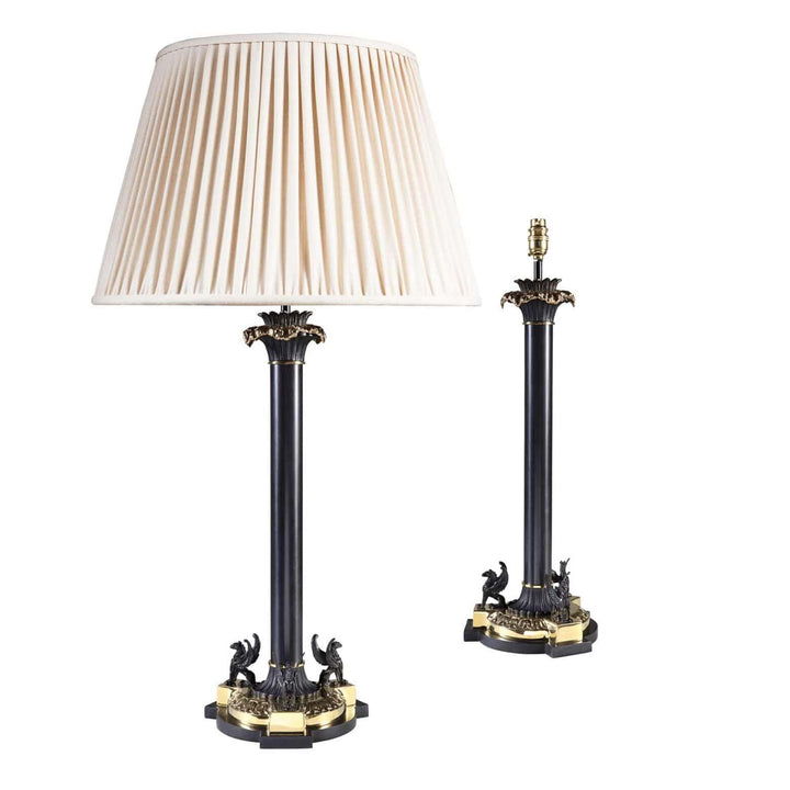 Pair of Griffin Black and Gold Table Lamps AJ7 with pleated cream shade and ornate base details in black and gold.