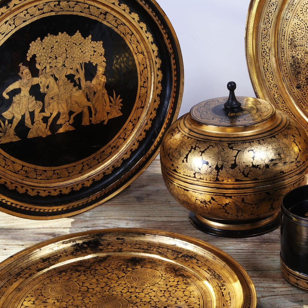 A Collection of Burmese Gilt Lacquer Trays and Objects