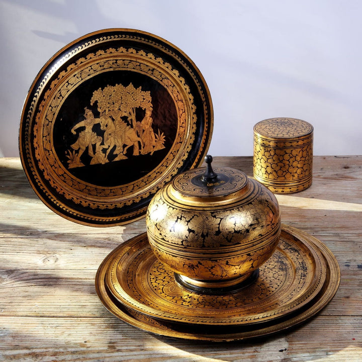 A Collection of Burmese Gilt Lacquer Trays and Objects