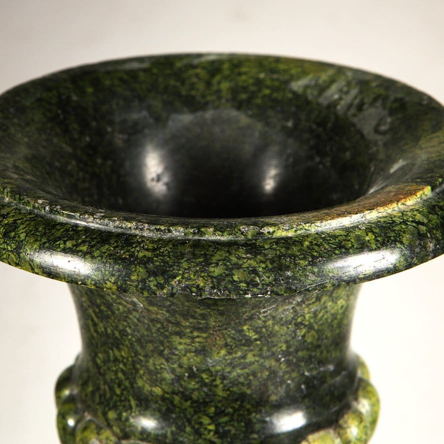 A remarkable green Alps Jade campagna vase on stand