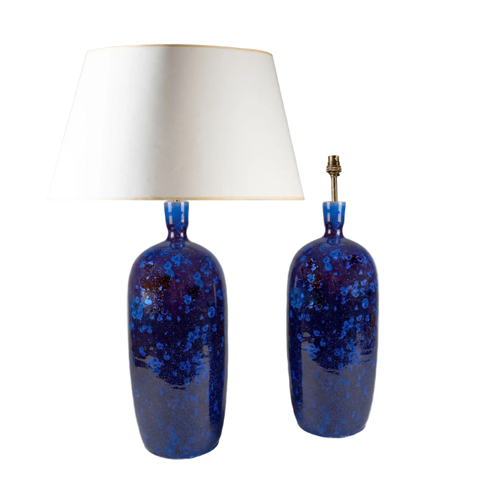 Pair of hand-crafted cobalt blue crystalline glazed ceramic table lamps by Nicholas Wells Antiques with white shades