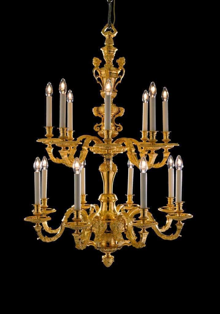 16 Branch 2 tier Brass Chandelier after The Model By André-Charles Boulle.
