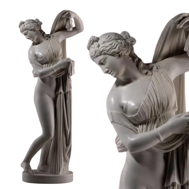 Callipygian Venus marble statue of a graceful woman draped in cloth, classical Roman art, 1800 Italy.