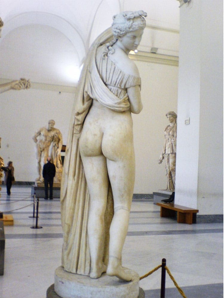 Callipygian Venus marble statue showing the back view with detailed drapery and sculpted buttocks in museum setting