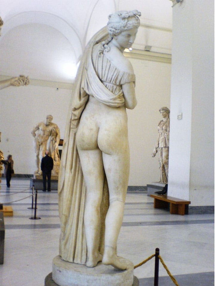 Callipygian Venus marble statue showing the back view with detailed drapery and sculpted buttocks in museum setting