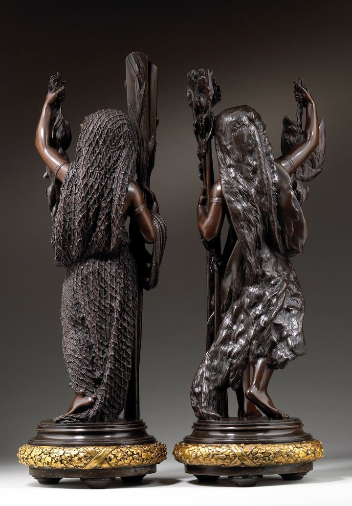 Carrier-Belleuse bronze sculpture Allegory of Hunting and Fishing, detailed textured garments, circa 1865, France.