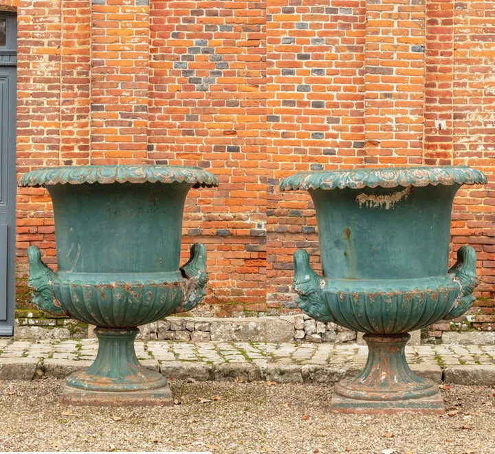 Pair of Monumental Bell shaped Krater Garden Vases in Cast Iron