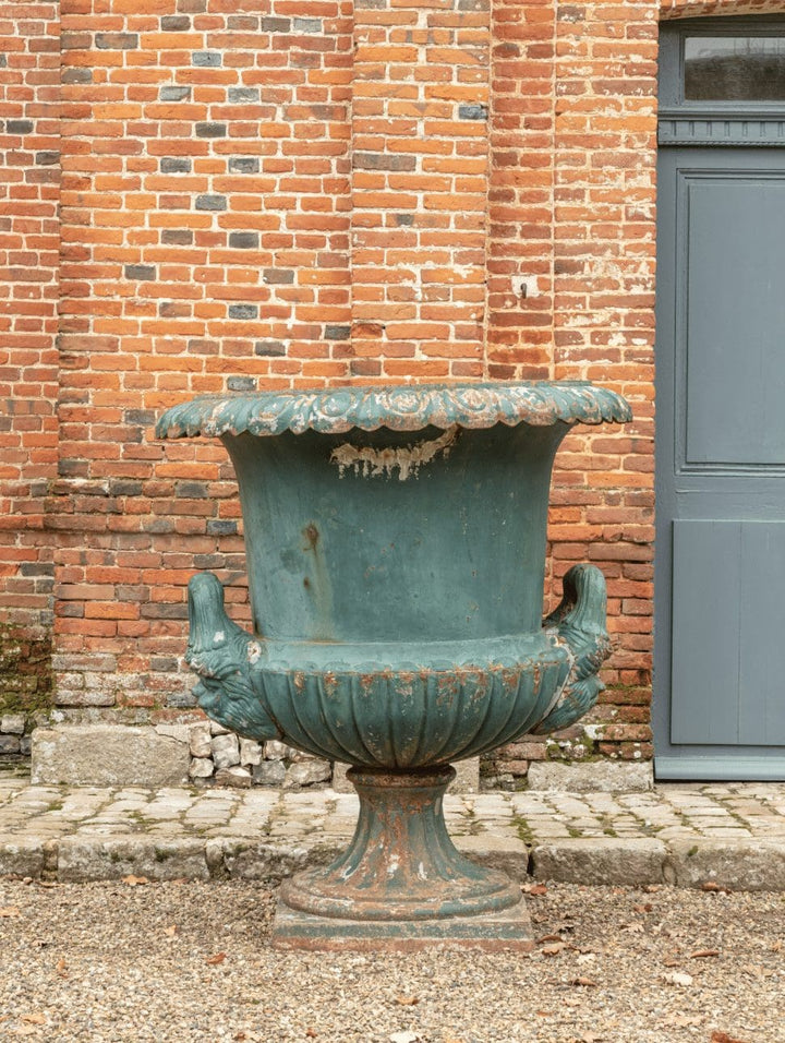 Pair of Monumental Bell shaped Krater Garden Vases in Cast Iron