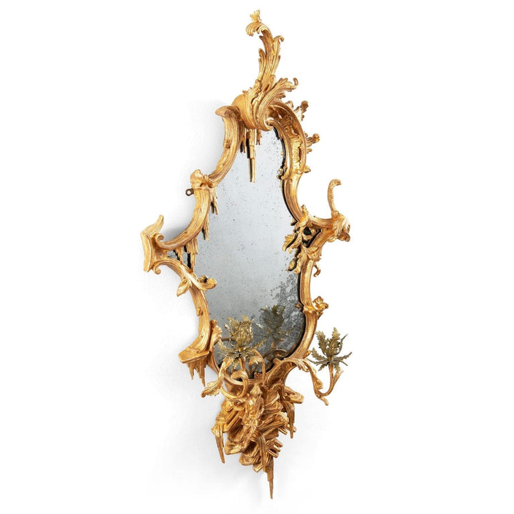 George III Chinese Chippendale Rococo Giltwood Girandole Mirror with ornate scrolls and candle arms circa 1765.