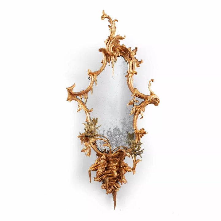 George III Chinese Chippendale Rococo Giltwood Girandole Mirror with ornate scrolls and candle arms circa 1765 England