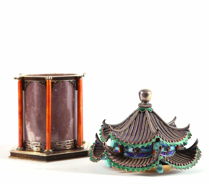 Chinese silver gilt, jade and enamel pagoda temple casket