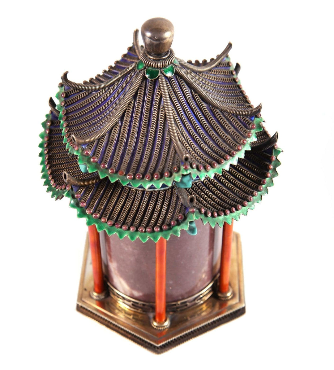 Chinese silver gilt, jade and enamel pagoda temple casket