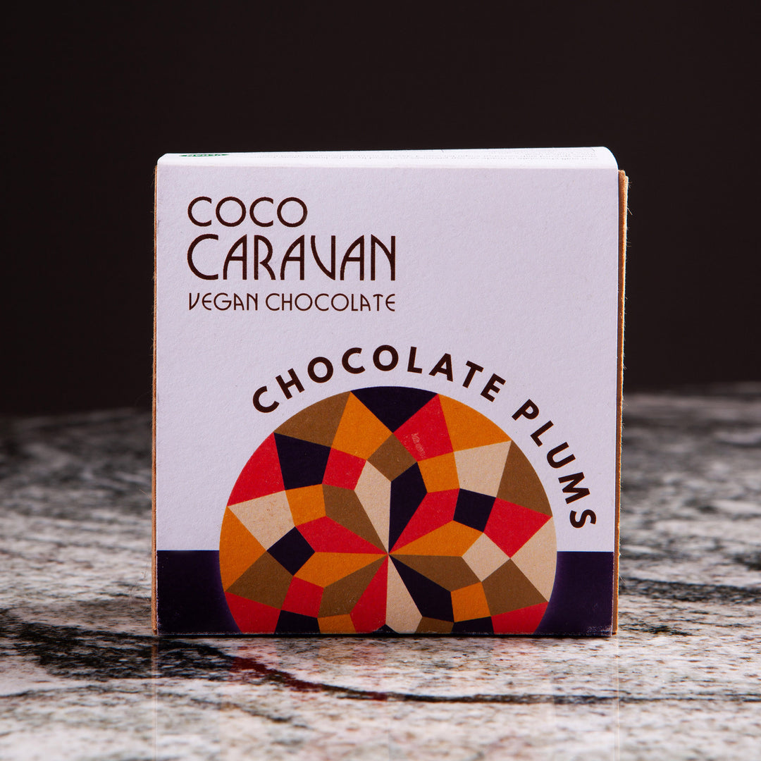 Coco Caravan vegan chocolate plums box with colorful geometric design sold by Nicholas Wells Antiques