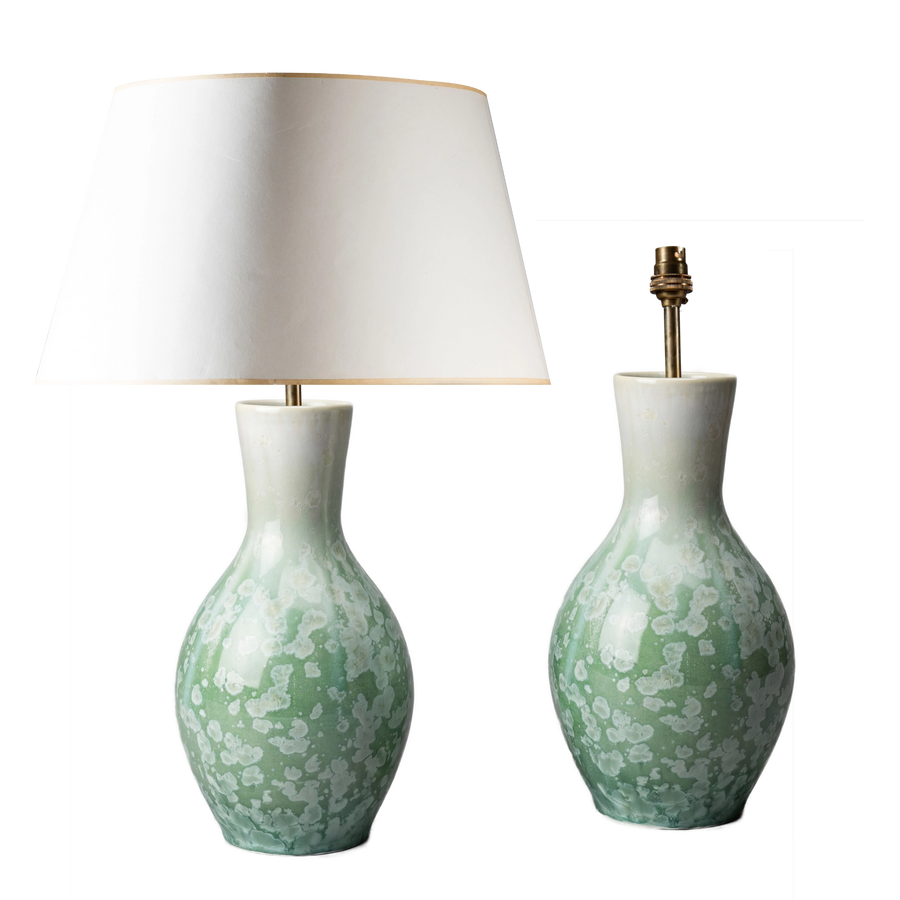 Large pear-shaped celadon table lamps with crystalline glaze by Nicholas Wells Antiques, elegant classical design