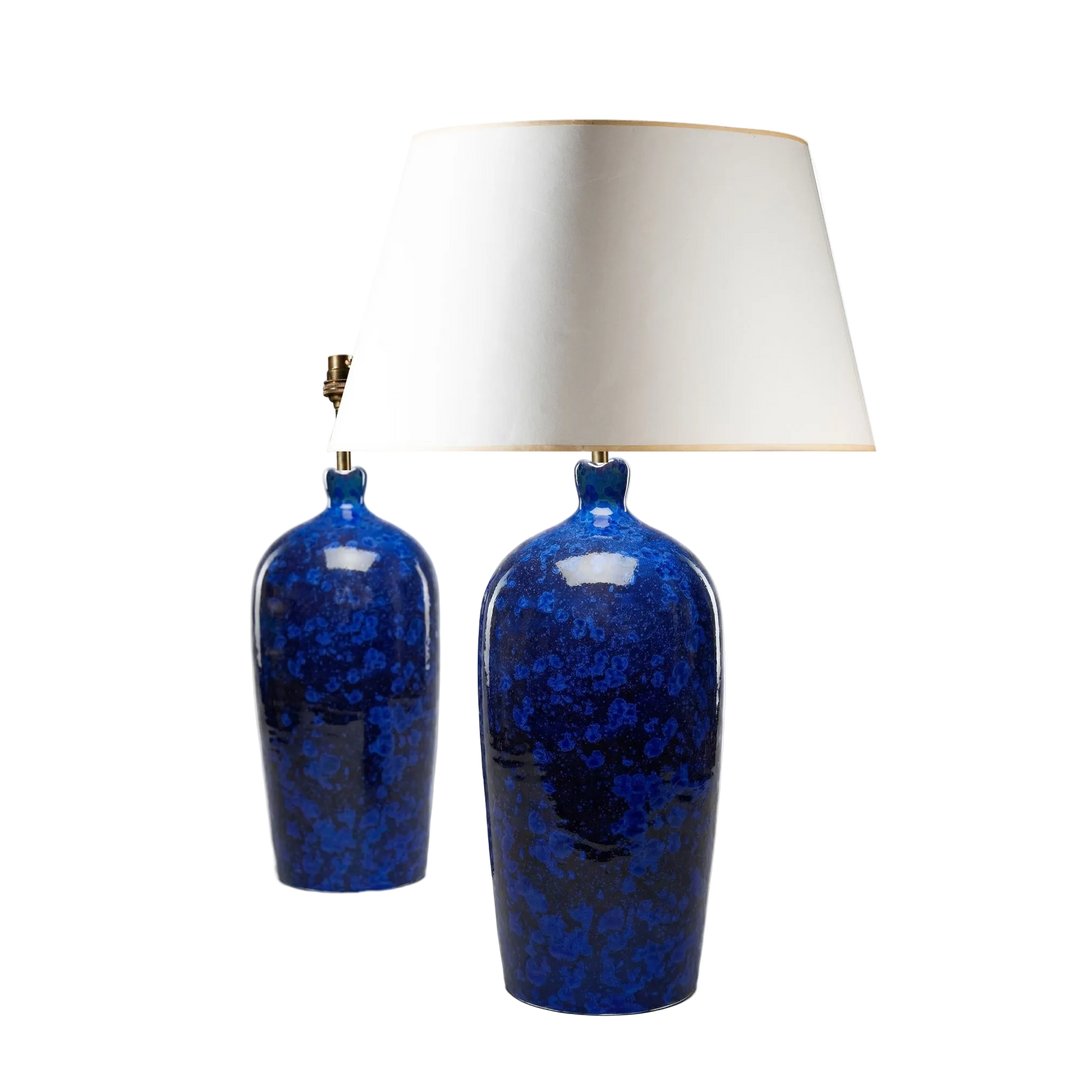 A fine pair of deep blue crystalline ceramic lamps with scalloped rims by Nicholas Wells Antiques