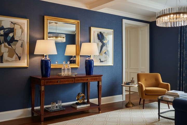 Pair of deep blue crystalline lamps with scalloped rims on antique wooden console by Nicholas Wells Antiques