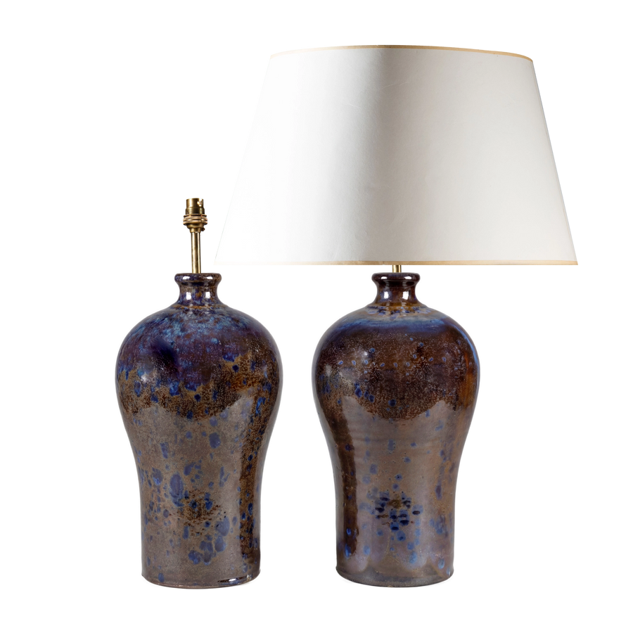 Pair of Meiping-form ceramic table lamps with blue-mottled brown glaze by Nicholas Wells Antiques, featuring white shades