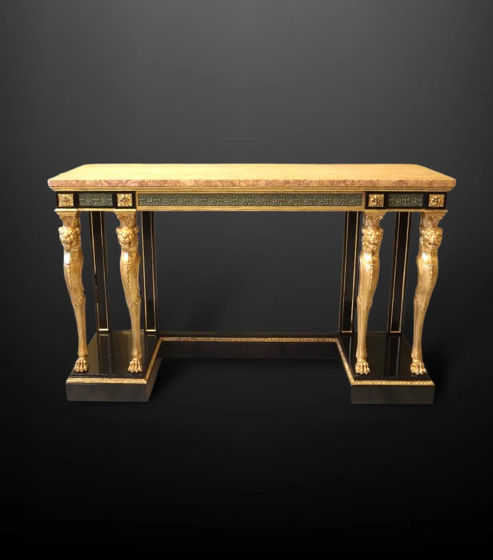 A 19th C Holland and Sons Giltwood, Ebonised, Marble Top Console Table