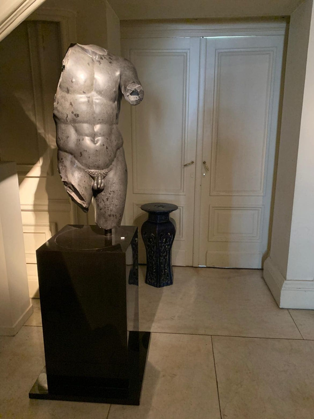 Black Basalt Statue ‘The Scraper’ Torso after Lysippos Apoxyomenos life-sized classical sculpture on stand