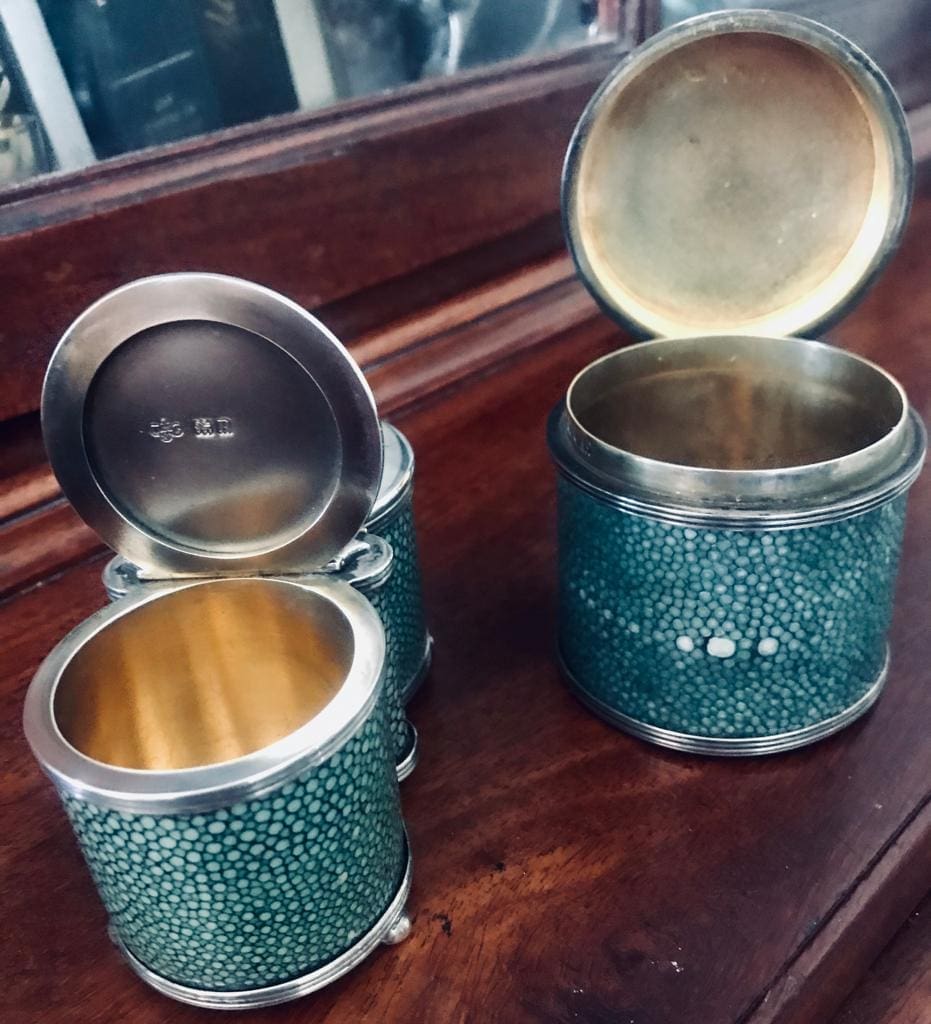 Shagreen &amp; Silver Match Holder &amp; Caddy