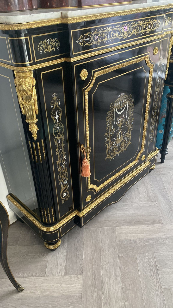 Mother of pearl inlaid ebonised cabinet