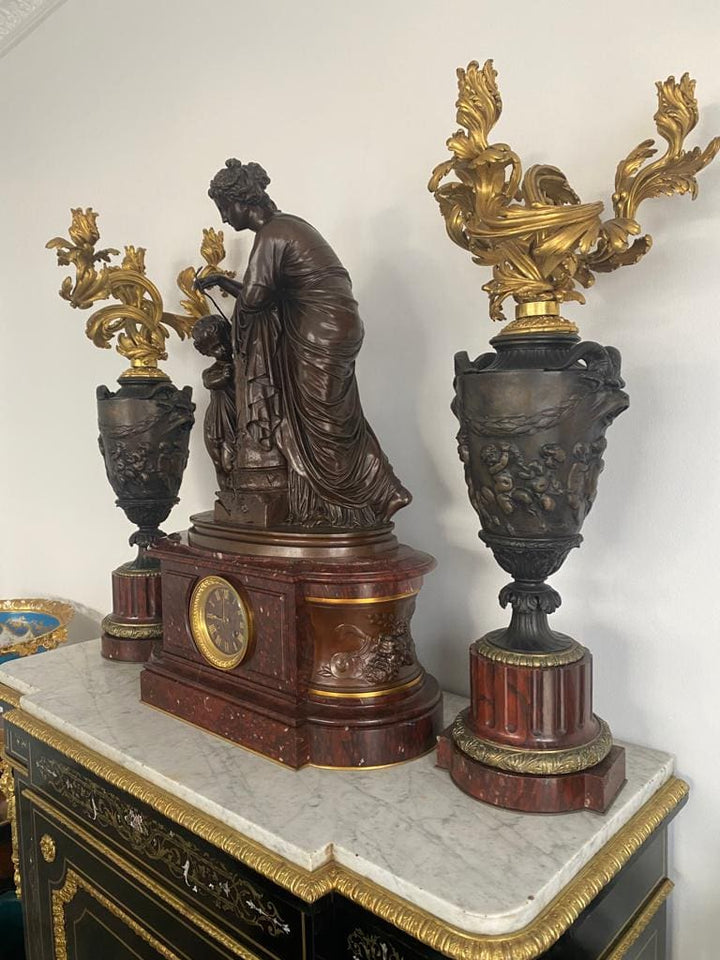 Napoleon III Rouge Marble and Bronze Clock Set