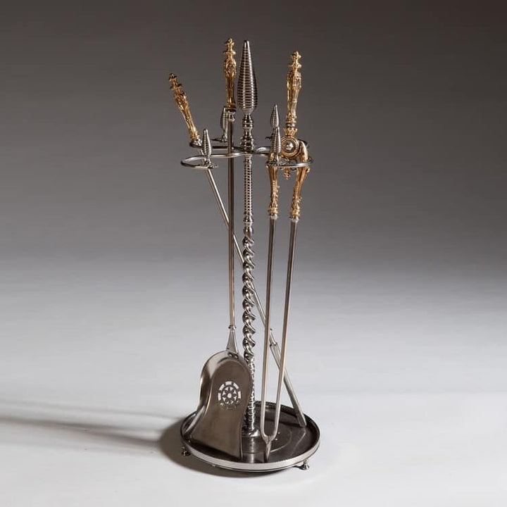 Polished and cut steel fire iron stand