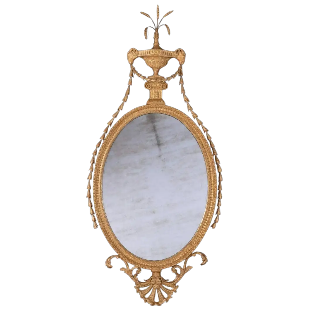 John Linnell Oval Gilt Mirror fine 18th century carved giltwood oval mirror English circa 1775 ornate frame
