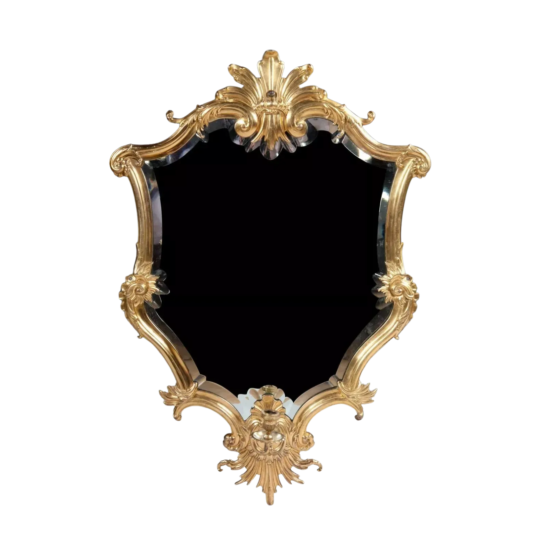 Rare Italian Gilt Bronze Metal Girandole Mirror with ornate scrolls and anthemion design, circa 1750, 94x61 cm.