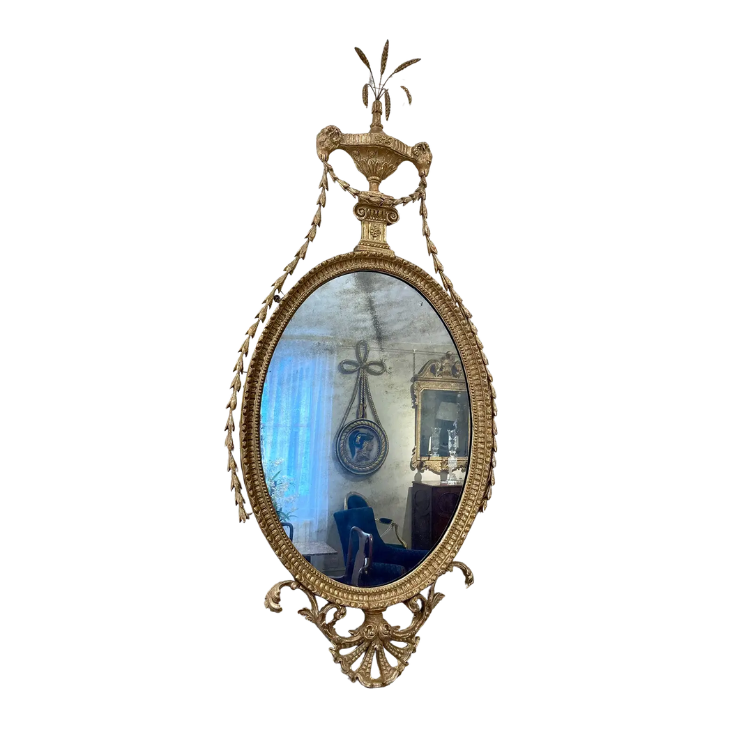 John Linnell Oval Gilt Mirror fine George III 18th century carved giltwood oval mirror circa 1775 England