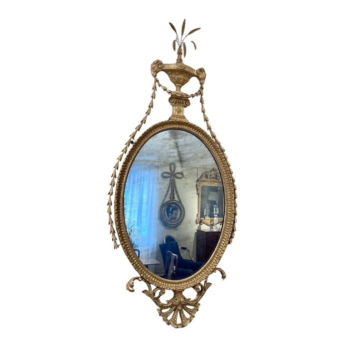 John Linnell Oval Gilt Mirror fine George III 18th century carved giltwood oval mirror circa 1775 England