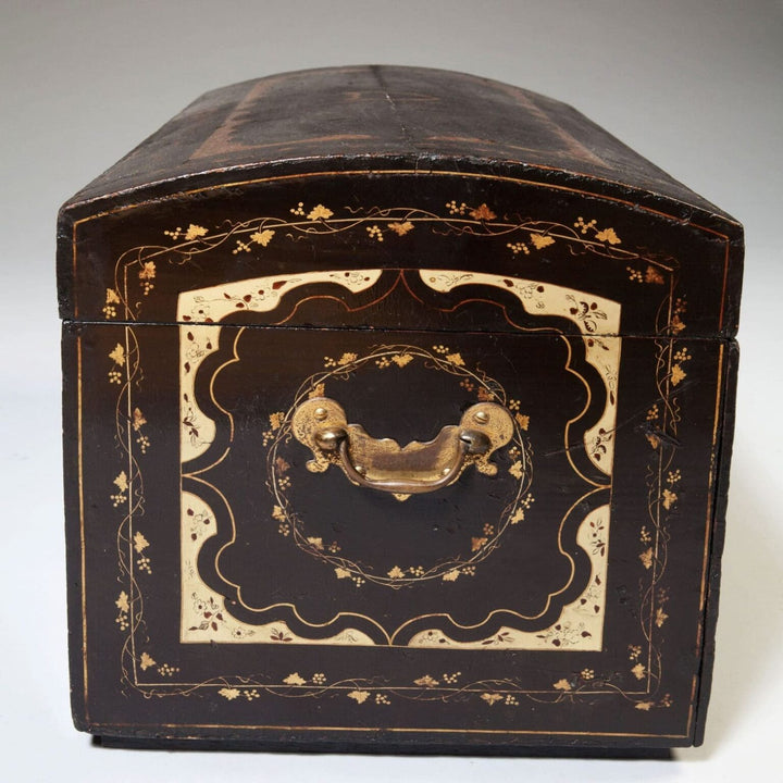 Chinese export Metamorphic Scholars Campaign Chest Desk with black lacquer and gold floral design circa 1800.