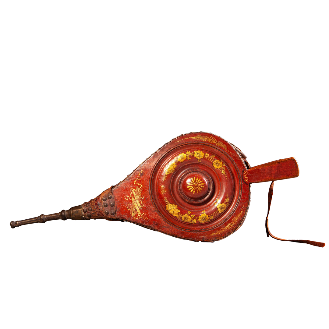 Japanned and gilt-decorated fireplace bellows with raised circular boss, elegant design from Collection TH30.