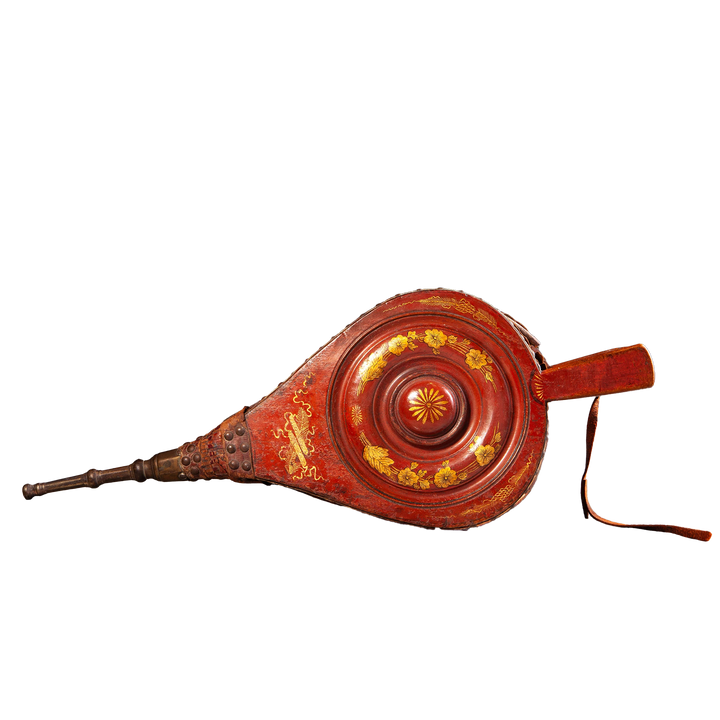 Japanned and gilt-decorated fireplace bellows with raised circular boss, elegant design from Collection TH30.