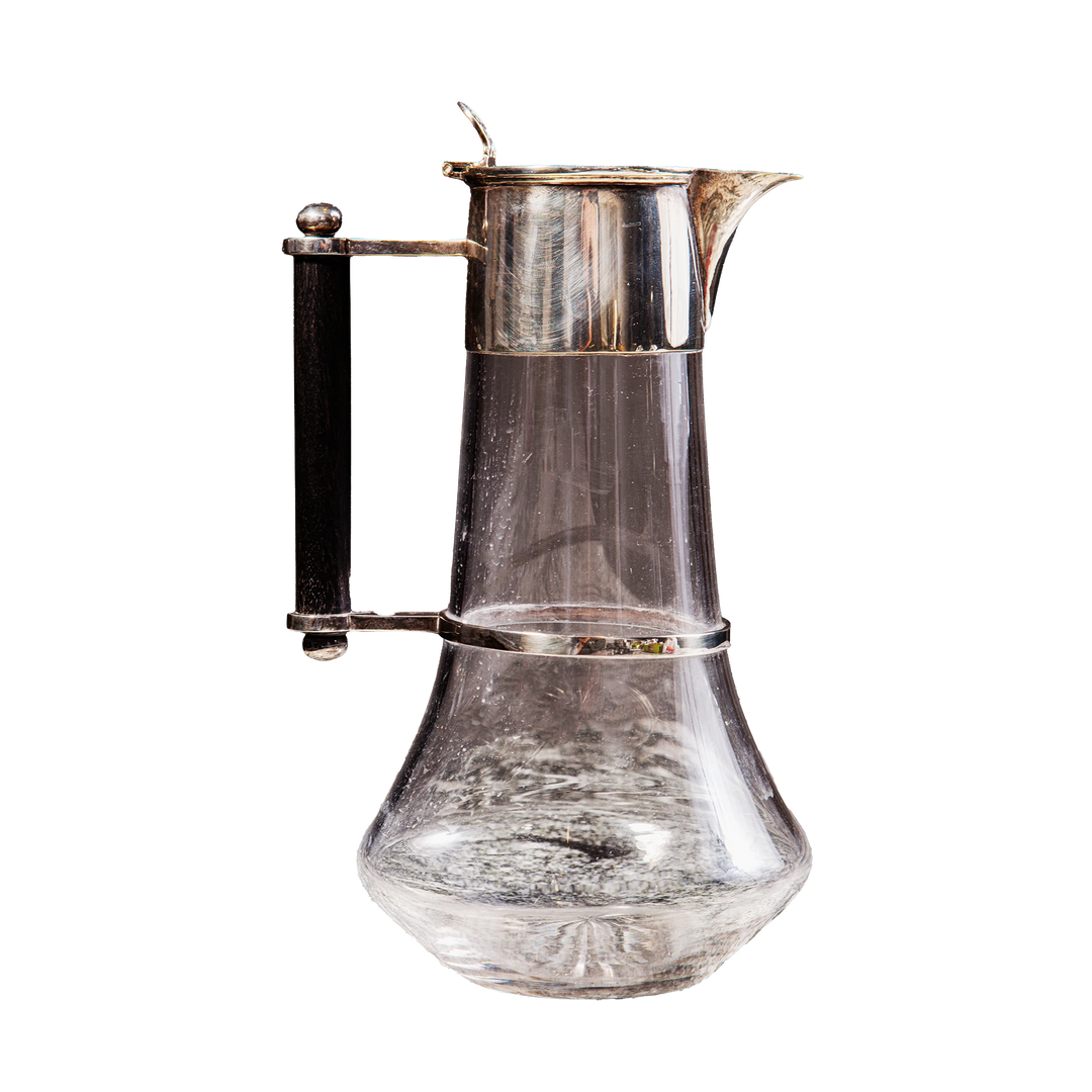 Glass and silver plated claret jug by Collection TH30 with pear-shaped body and hinged lid, designed by Dr Christopher Dresser